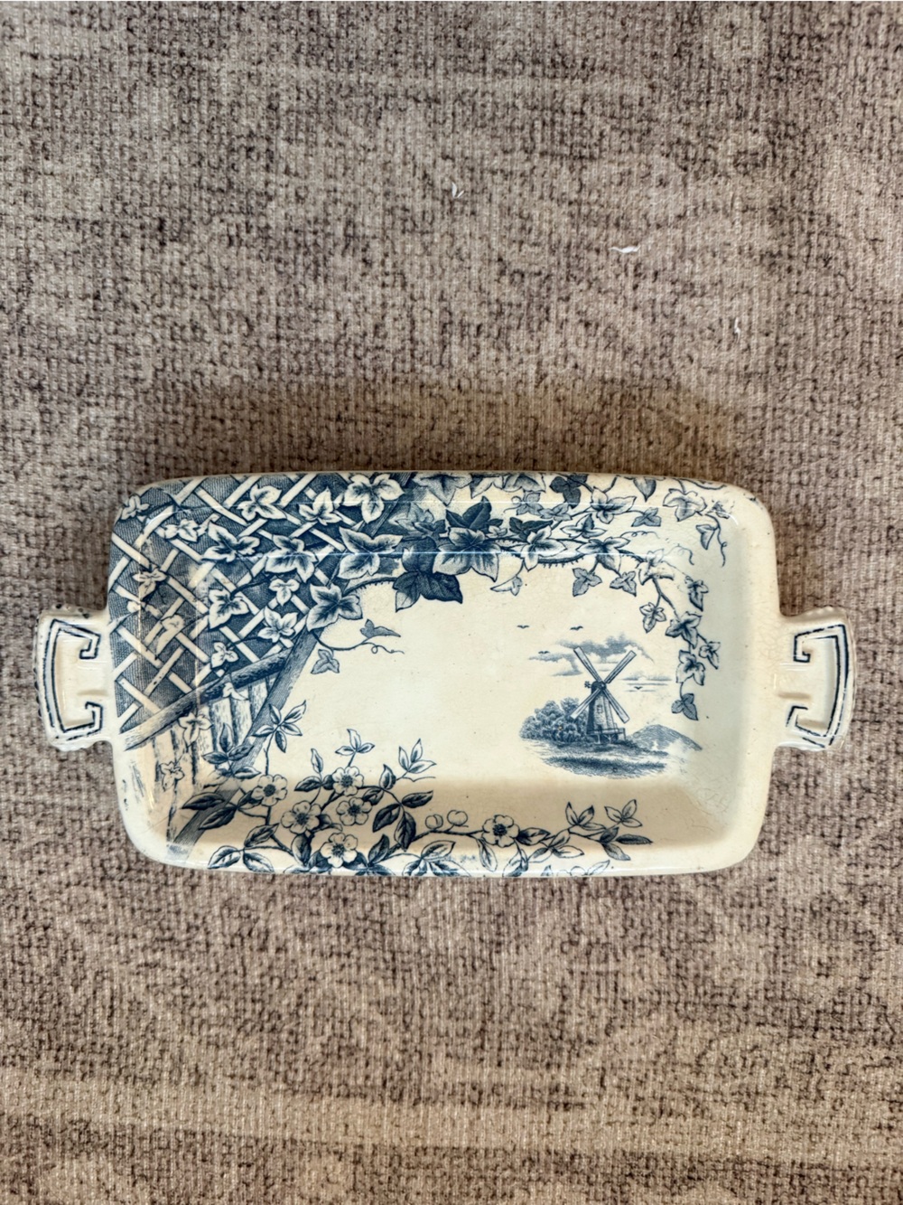Antique J.H. Davis Blue Transferware Serving Tray Windmill Floral Handles